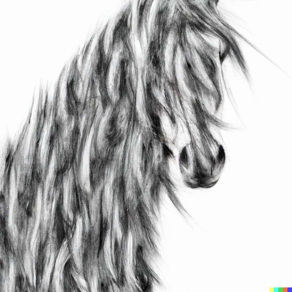 a horse, digital art, made from feathers